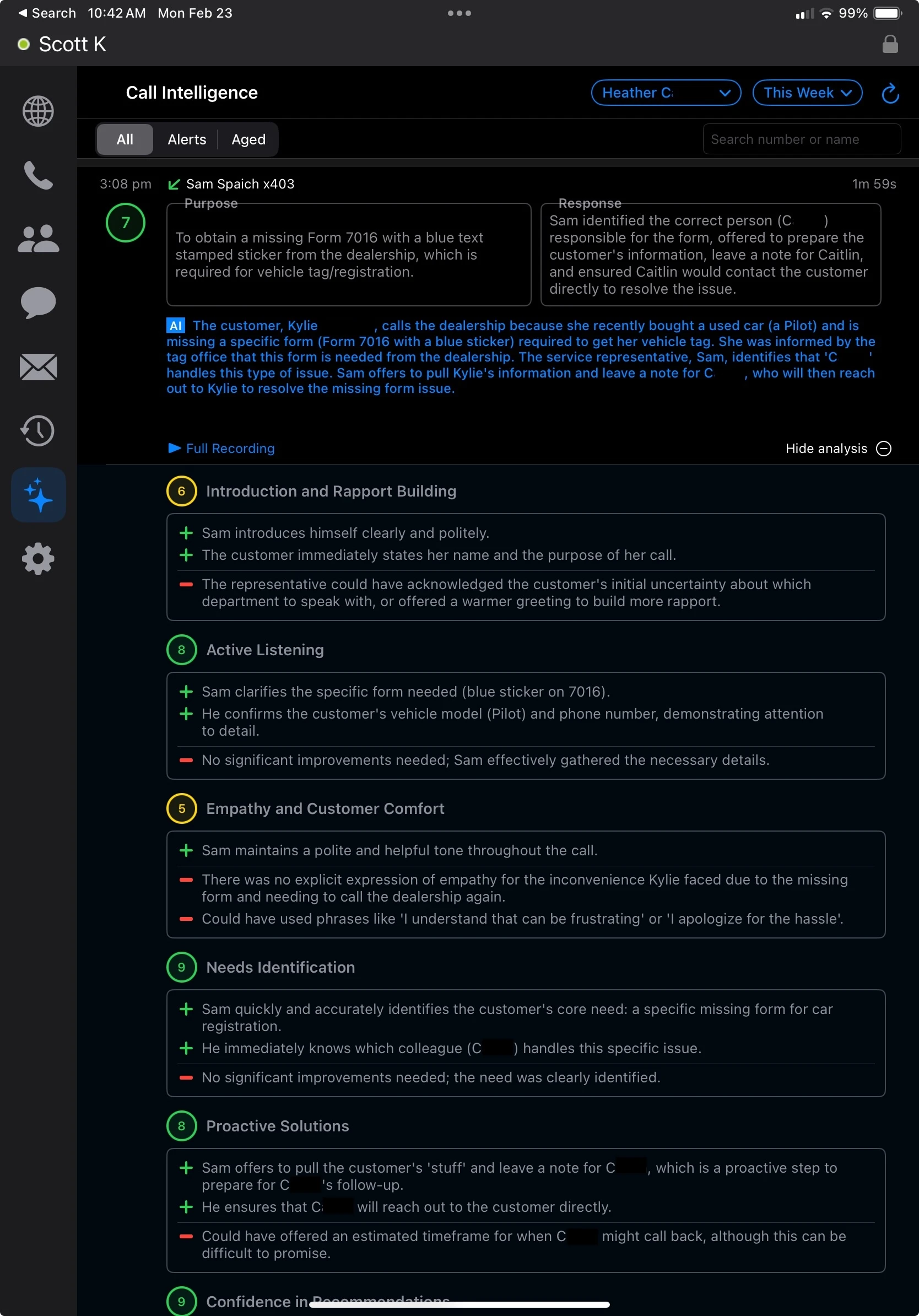 Detailed call scoring dashboard with performance ratings for franchise location staff