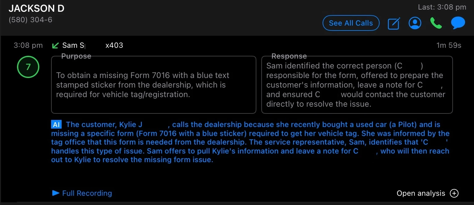Call Intelligence interface showing AI summaries, call scoring, and transcriptions for franchise customer calls