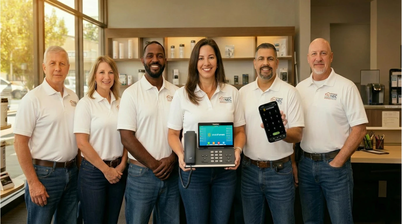 Franchise team in a branded storefront holding a WebFones desk phone and mobile app
