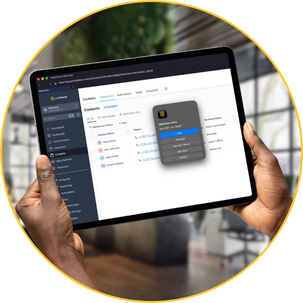 WebFones Browser turning a contact's phone number into a click-to-call action on a tablet